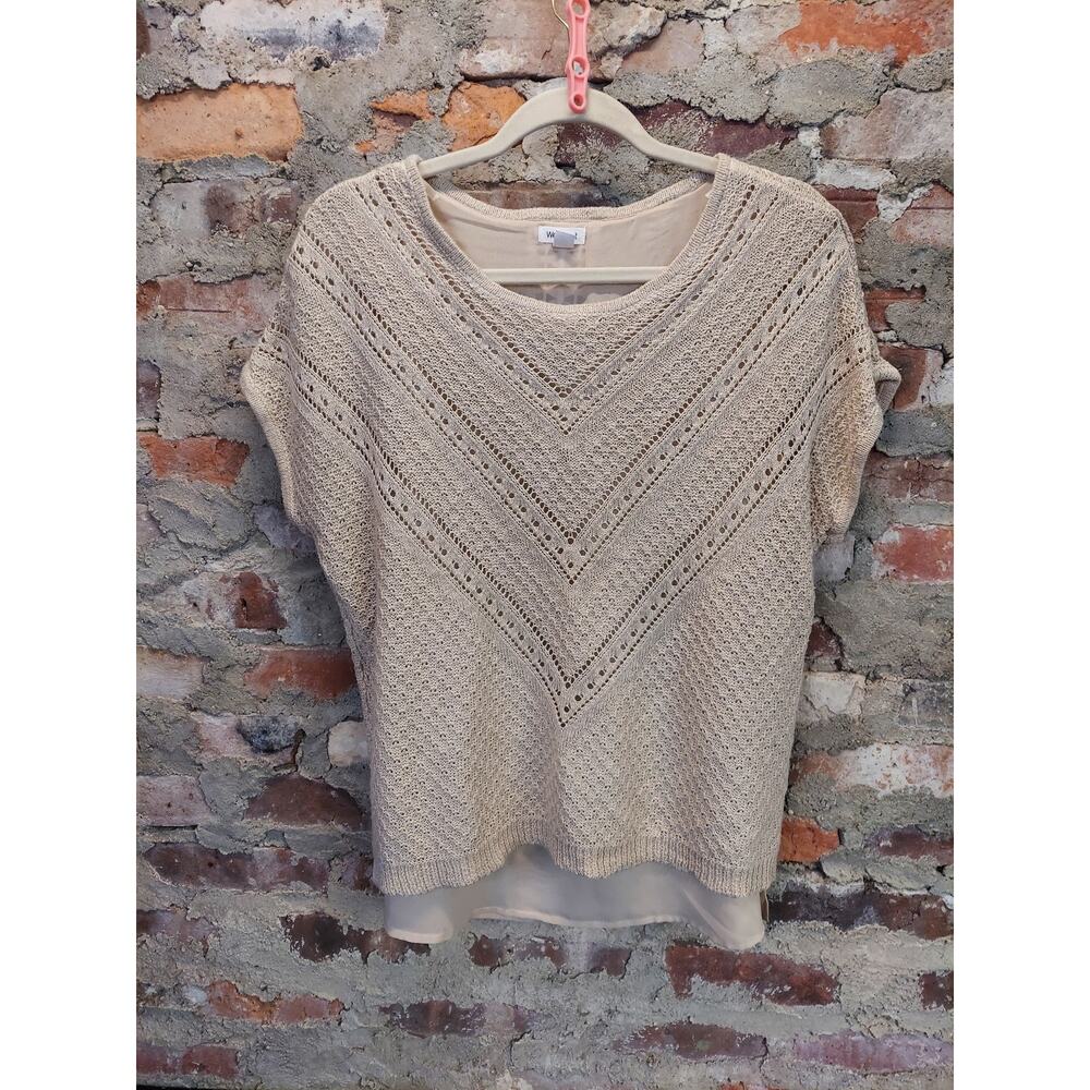 Westport Womens Petite L Beige Knit Short Sleeve Sweater Layered Back Detail